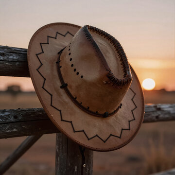 Traditional Japanese Cowboy Dusty. Cowboy Hat On A Fence At Sunset In Southern Oklahoma