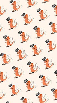 Vertical Cute Tyrannosaurus playing skateboard seamless pattern looping animation
