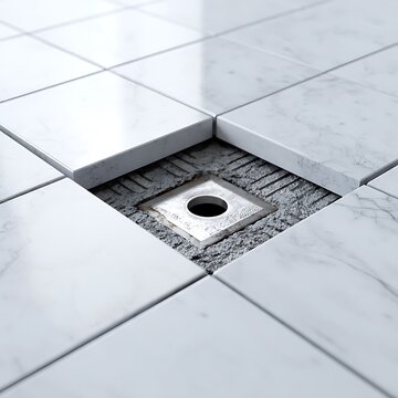 Marble floor tile installation process showing square metal drain fixture set into cement mortar during bathroom renovation project with polished stone surface finish