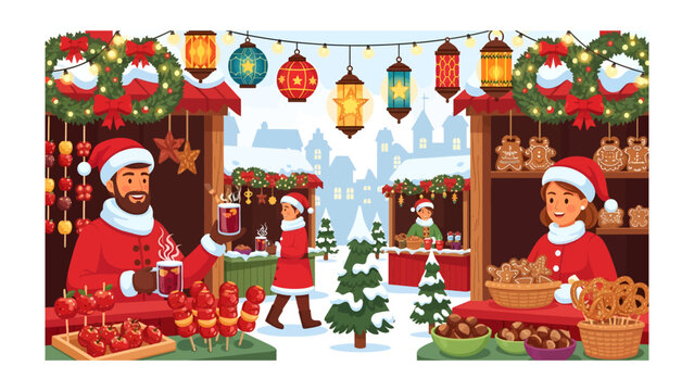 Christmas Market Scene: A vibrant Christmas market scene unfolds with festive stalls, twinkling lights, and merry vendors dressed as Santa Claus.