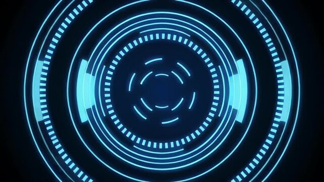 Futuristic HUD elements with rotating concentric circles and glowing blue lights during a digital data scan