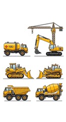 Obraz premium Construction site heavy machinery yellow vehicles.