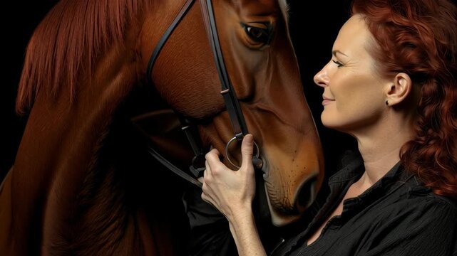 Woman hugs horse with eyes closed in an intimate moment in a studio