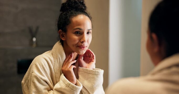 Happy, woman and skincare in bathroom with mirror, morning routine and satisfaction for grooming. Female person, reflection and skin evaluation in home with smile, dermatology results and self care.