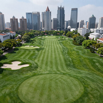 Holographic Golf Day. Stunning Aerial Panorama Of Shanghai'S Green Golf Course