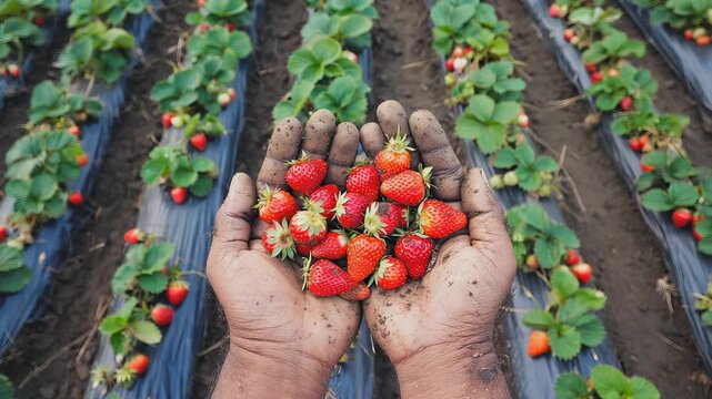 Farmer&rsquo;s Hands Holding Freshly Picked Strawberries in a Strawberry Field &ndash; Agriculture and Harvest Concept
