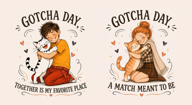 Gotcha Day Illustration Set of Children Hugging Adopted Cats with Heartwarming Adoption Quotes