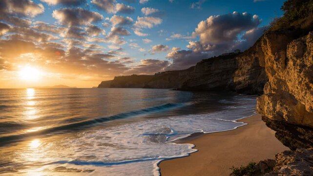 Sunrise beach sea wave cliff rock cloud sky coastal shore sand foam travel nature seascape sunlight horizon scenic water summer vacation tourism