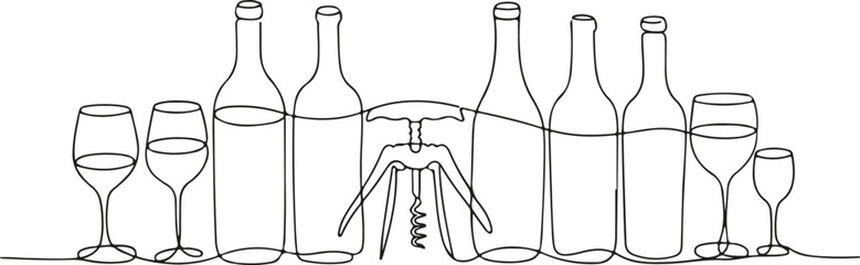 Obraz premium Continuous line drawing of wine bottles and glasses with corkscrew