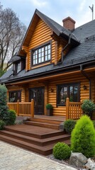 Obraz premium Charming log house with a wide porch and deck surrounded by green plants in a serene landscape at dusk