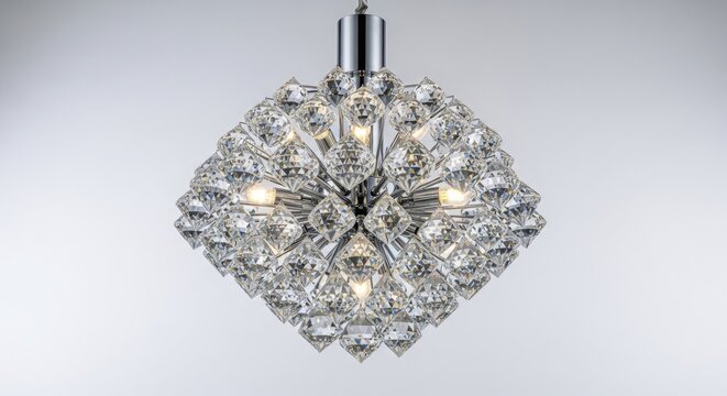 Crystal chandelier, diamond shaped, modern lighting, clear glass