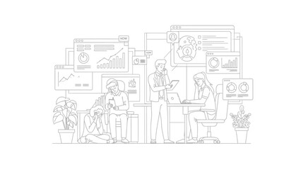Obraz premium Overworked Employees Stressed by Data Overload Line Art Illustration