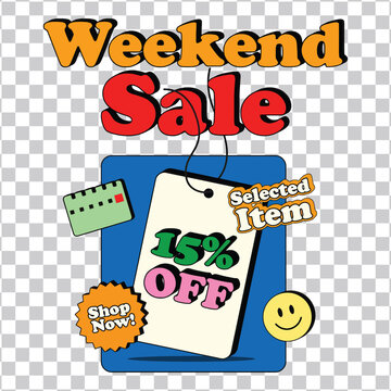 Retro colorful promotional graphic for retail discount event featuring shopping tag and playful design elements