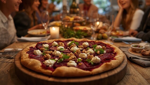 Pizza with beetroot, walnuts, and gorgonzola.