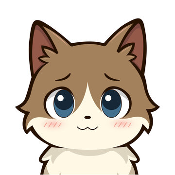 Shy cartoon cat face isolated on transparent background, expressing embarrassment