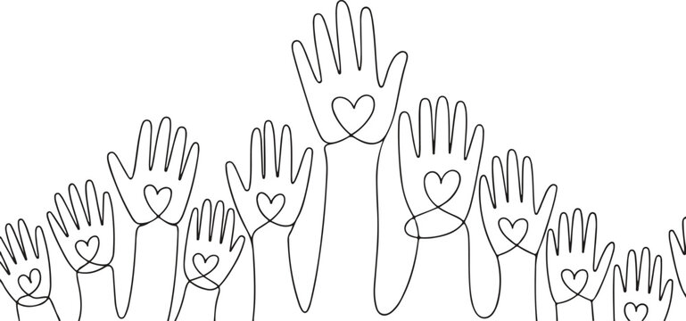 A line drawing of multiple hands with hearts on the palms raised up in the air