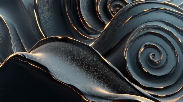 Abstract dark blue fluid waves with glowing gold edges background Video.