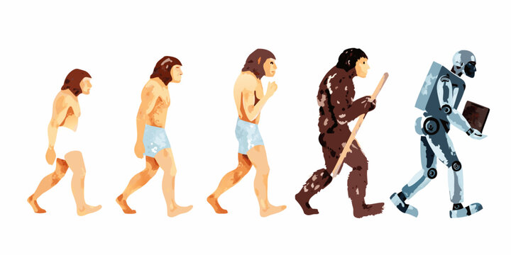 Evolutionary Progression Of Hominids To Robot Watercolor Illustration
