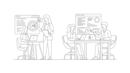 Obraz premium Business Team Analyzing AI Data Dashboards Line Art Illustration