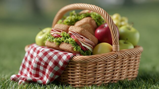 Panier pique-nique en osier garni de sandwichs et de fruits frais