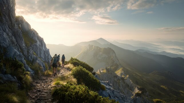 hikers walking through breathtaking mountain trail at sunrise, epic landscape, active outdoor lifestyle, premium adventure photography, realistic