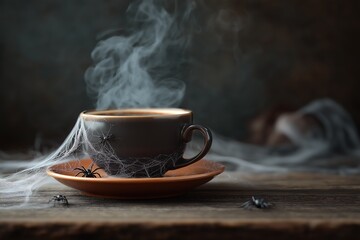 Fototapeta premium Cup of coffee with spider web and smoke for Halloween season