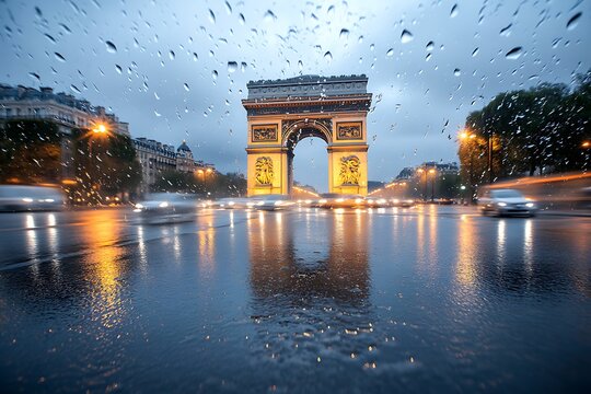 Iconic Arc De Triomphe monument in Paris during rainy evening with blurred city lights and wet streets