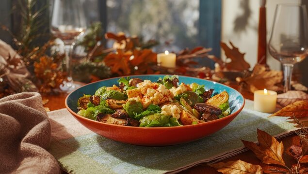 Salad of Brussels sprouts, maitake mushrooms, crumbled tofu, and spicy tahini sauce.