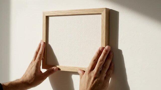 Hands holding a square wooden frame with a blank canvas, ready for artwork or display on a sunlit wall, home decoration