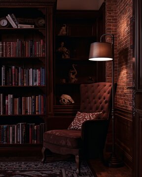 A cozy study with bookshelves filled with books, a comfortable armchair, and a floor lamp casting a warm glow. The room has a rustic feel with exposed brick walls