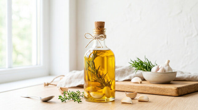 Garlic infused oil in glass bottle with herbs on wooden counter  