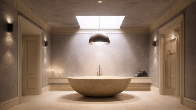 Luxury bathroom illuminated by dramatic ceiling light well, freestanding stone bathtub, soft white plaster walls, spa like atmosphere, ultra