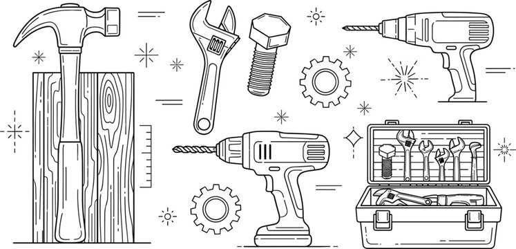 Construction work tools line art doodles featuring hammer drill adjustable wrench gear bolt and open toolbox repair icons