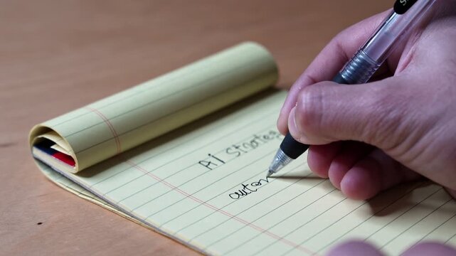 Close up of a hand writing an AI strategy and data automation list on a yellow notepad with a pen. The paper rests on a wooden desk in a warm indoor office workspace with a shallow depth of field.