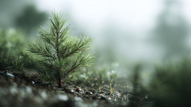 Young pine sapling with water droplets in misty forest