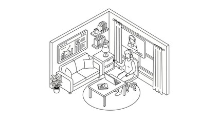 Obraz premium Isometric Woman Working in Home Office Vector Illustration