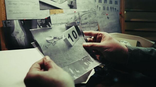 A detective studies photographic evidence while smoking in a retro-style investigation office, evoking classic crime dramas, criminal analysis, and noir suspense.