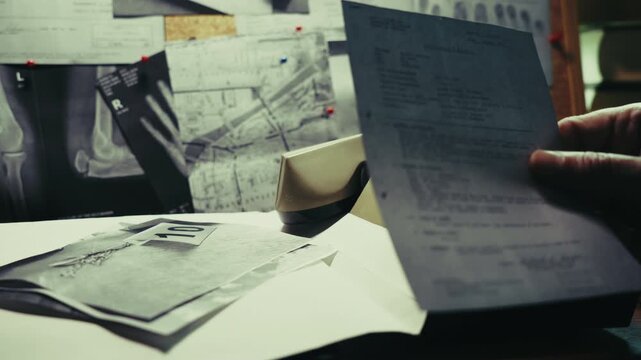 A police detective studies an evidence file before making a crucial phone call from a retro investigation desk, suggesting active case development, intelligence gathering, and criminal inquiry.