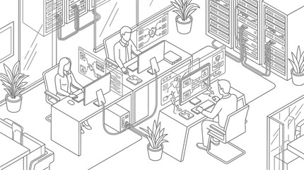 Fototapeta premium Isometric IT Cybersecurity Center Illustration with Servers and Network Engineers