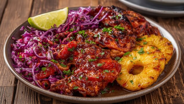 Spicy jerk chicken, grilled pineapple, and red cabbage slaw