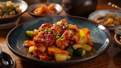 Fototapeta premium Spicy stir-fried octopus from Korea, ready to serve.