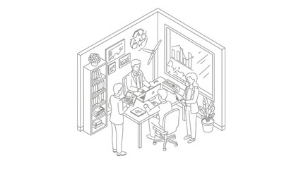 Obraz premium Isometric Business Meeting for Sustainability and Green Energy Line Art Illustration
