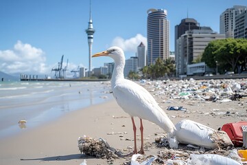 Obraz premium Urban Beach Scene with Litter and a White Heron Against City Skyline and Skyline Tower in Daylight