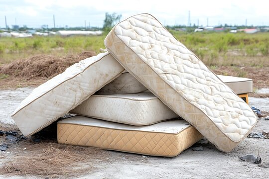 Pile of Used Old Mattresses and Bed Frames Stacked on the Ground in an Open Field