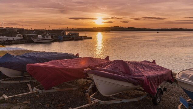 Tarpaulin-covered dinghies on trailers at a marina at sunset. Whitstable harbor.