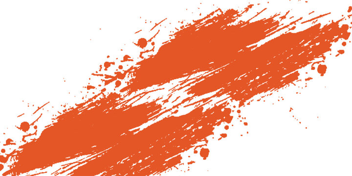 Bright orange paint splash with textured brush strokes and small splatter dots on a white background