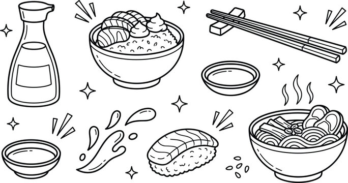 Japanese food cuisine traditional element doodle set sushi ramen poke bowl chopsticks soy sauce line art vectors