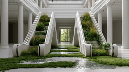 Naklejka premium Modern white escalator overgrown grass lush plants indoor architecture natural light abandoned serene green columns peaceful atmosphere