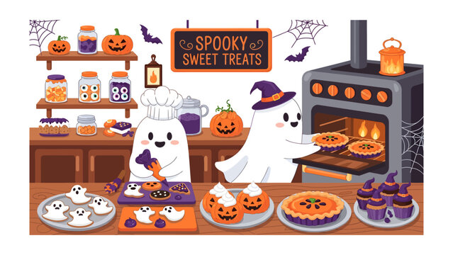 Halloween Baking Spree: Adorable ghosts in festive attire bake spooky sweet treats, with one decorating cookies and the other pulling pies from a warm oven, surrounded by Halloween-themed decorations.