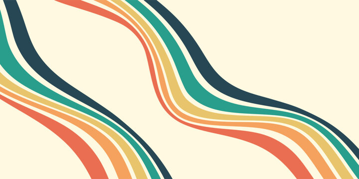 PrintAbstract colorful 70s background vector. Vintage retro wallpaper with rainbow stripes and wavy lines. A 1970 color illustration suitable for posters, banners, decorative items and wall art.